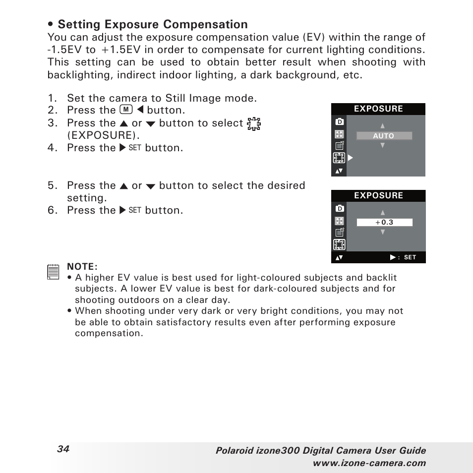 Setting exposure compensation | Polaroid i-Zone 300 User Manual | Page 34 / 82