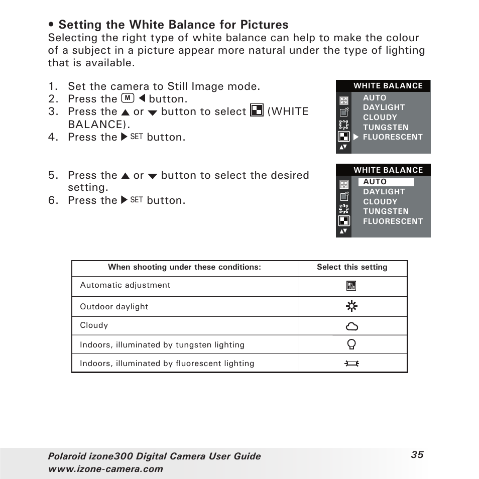 Setting the white balance for pictures | Polaroid i-Zone 300 User Manual | Page 35 / 82