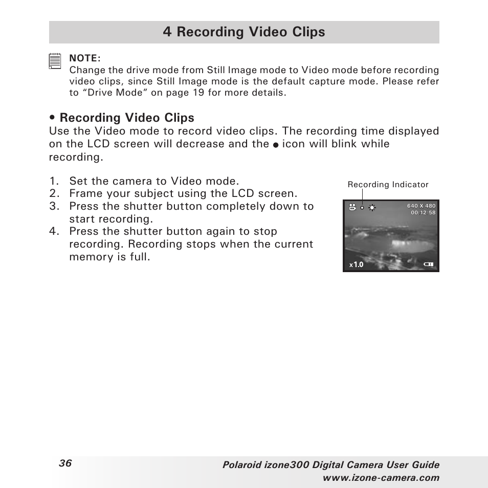 4 recording video clips, Recording video clips | Polaroid i-Zone 300 User Manual | Page 36 / 82