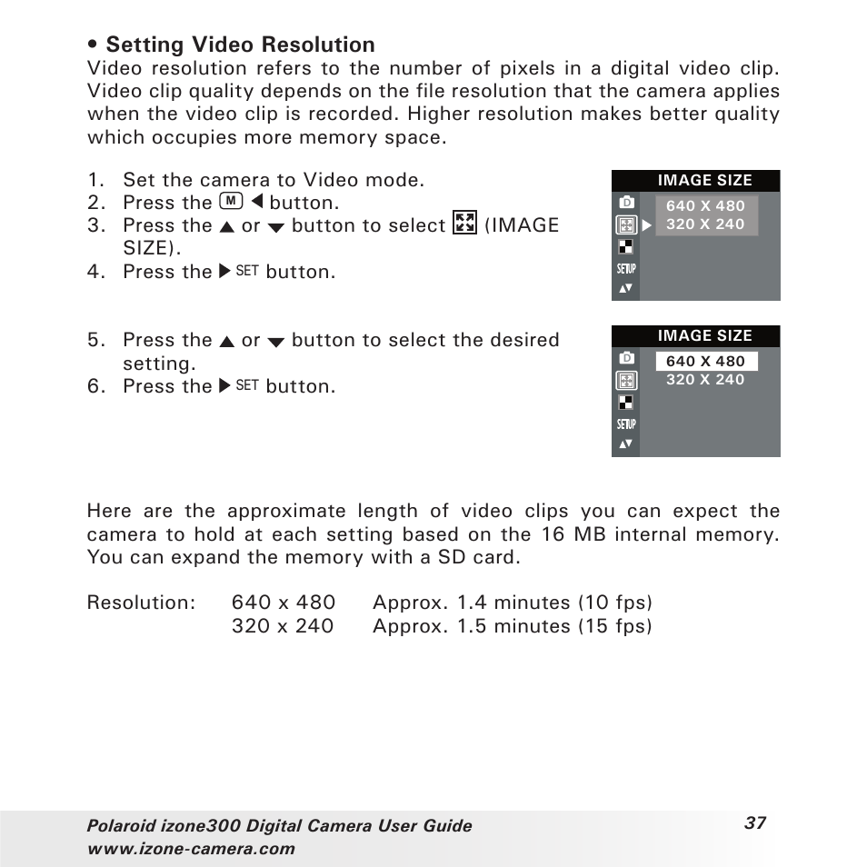 Setting video resolution | Polaroid i-Zone 300 User Manual | Page 37 / 82