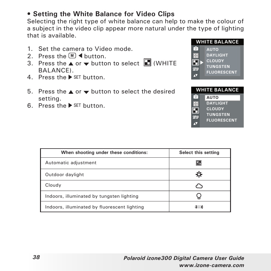 Setting the white balance for video clips, Button | Polaroid i-Zone 300 User Manual | Page 38 / 82