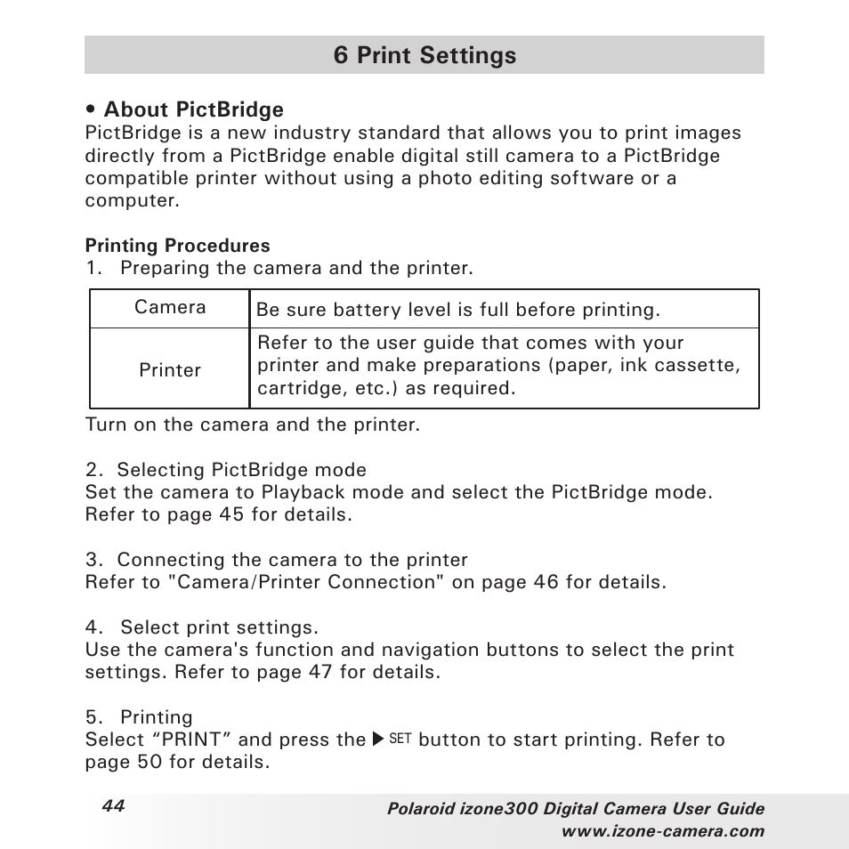 6 print settings | Polaroid i-Zone 300 User Manual | Page 44 / 82