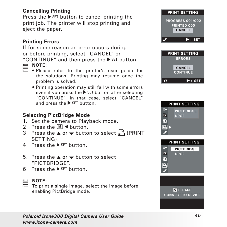 Cancelling printing press the, Button | Polaroid i-Zone 300 User Manual | Page 45 / 82