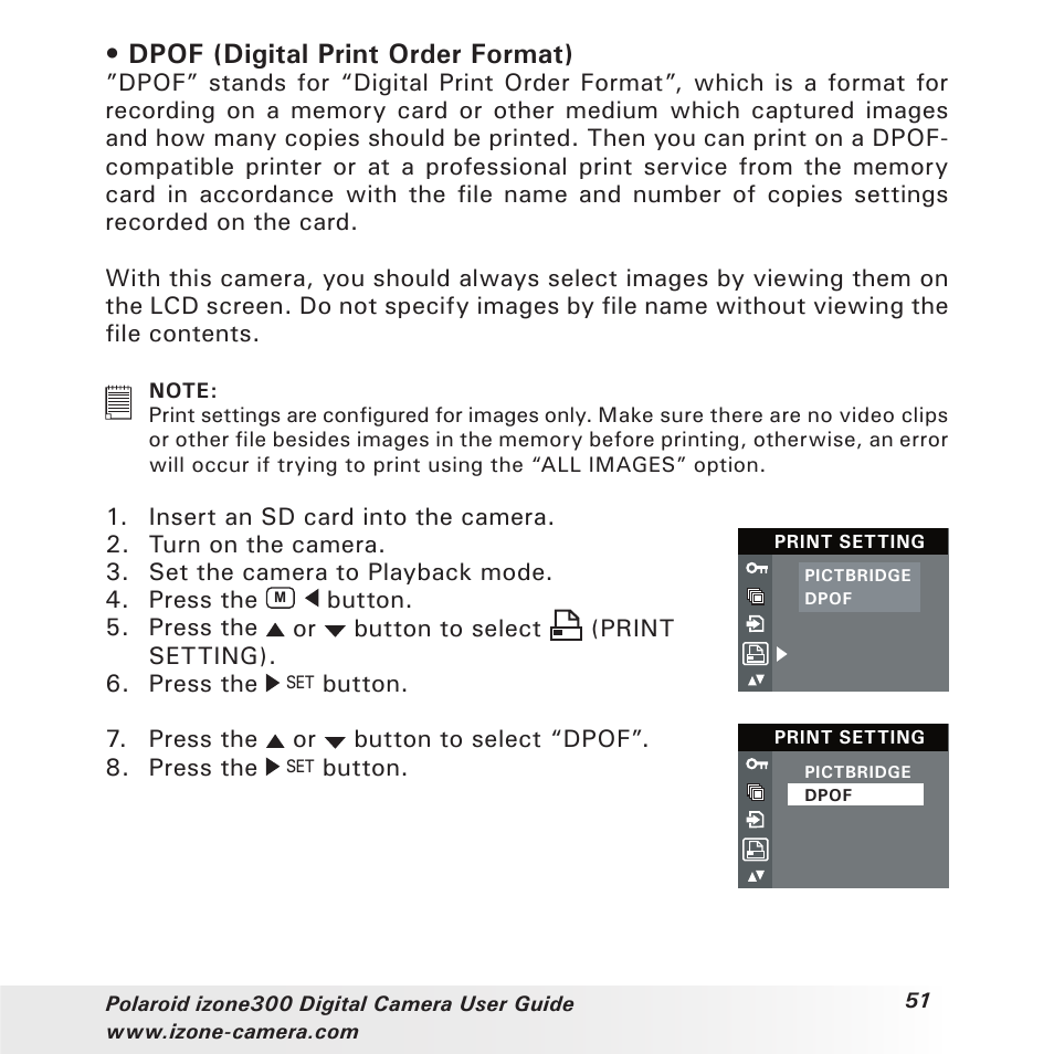 Dpof (digital print order format) | Polaroid i-Zone 300 User Manual | Page 51 / 82