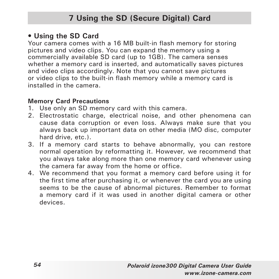 7 using the sd (secure digital) card | Polaroid i-Zone 300 User Manual | Page 54 / 82