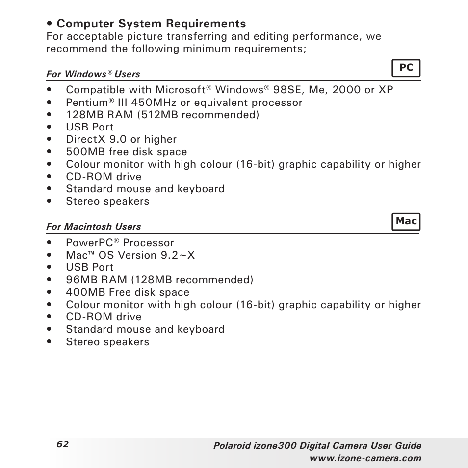 Computer system requirements | Polaroid i-Zone 300 User Manual | Page 62 / 82
