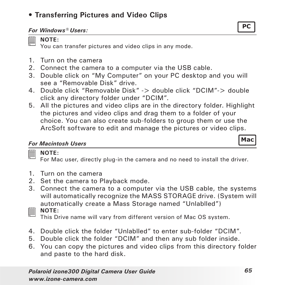 Transferring pictures and video clips | Polaroid i-Zone 300 User Manual | Page 65 / 82