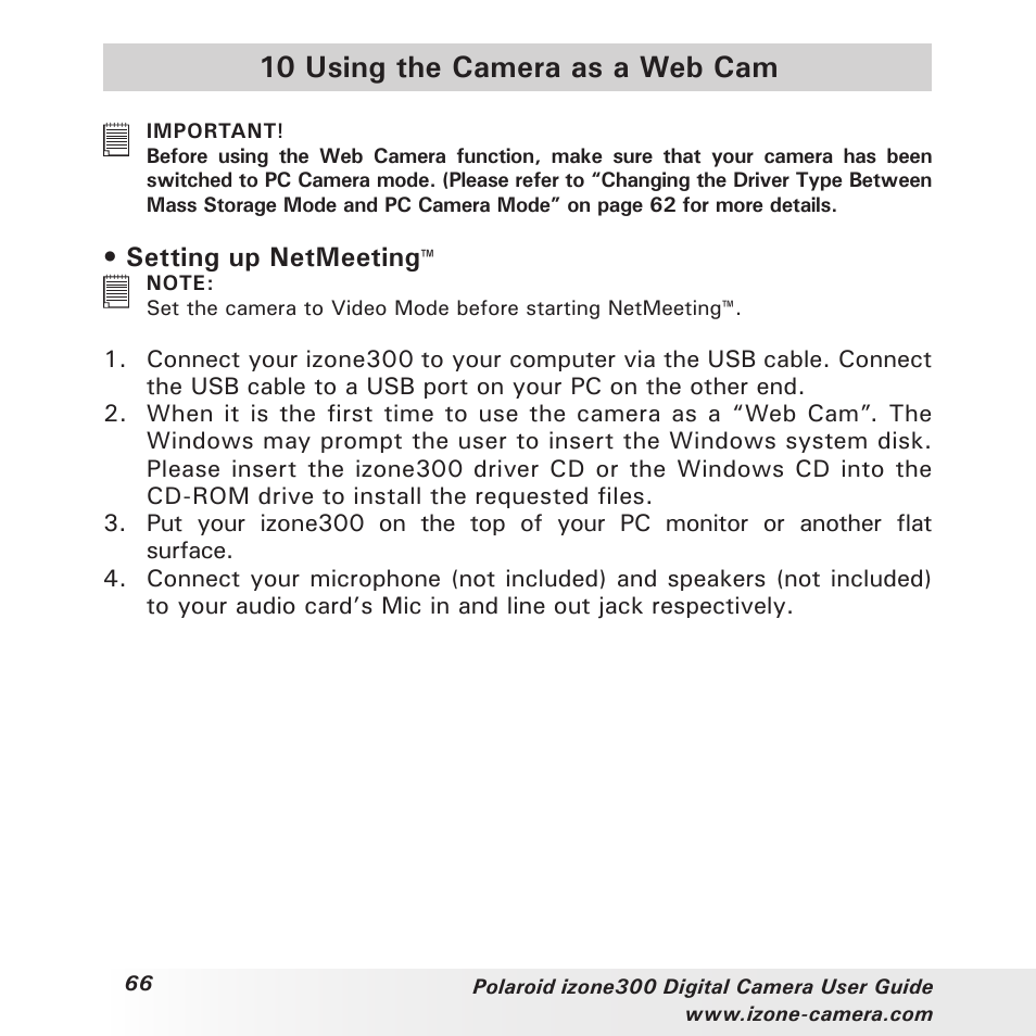 10 using the camera as a web cam, Setting up netmeeting | Polaroid i-Zone 300 User Manual | Page 66 / 82