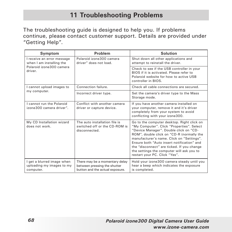 11 troubleshooting problems | Polaroid i-Zone 300 User Manual | Page 68 / 82