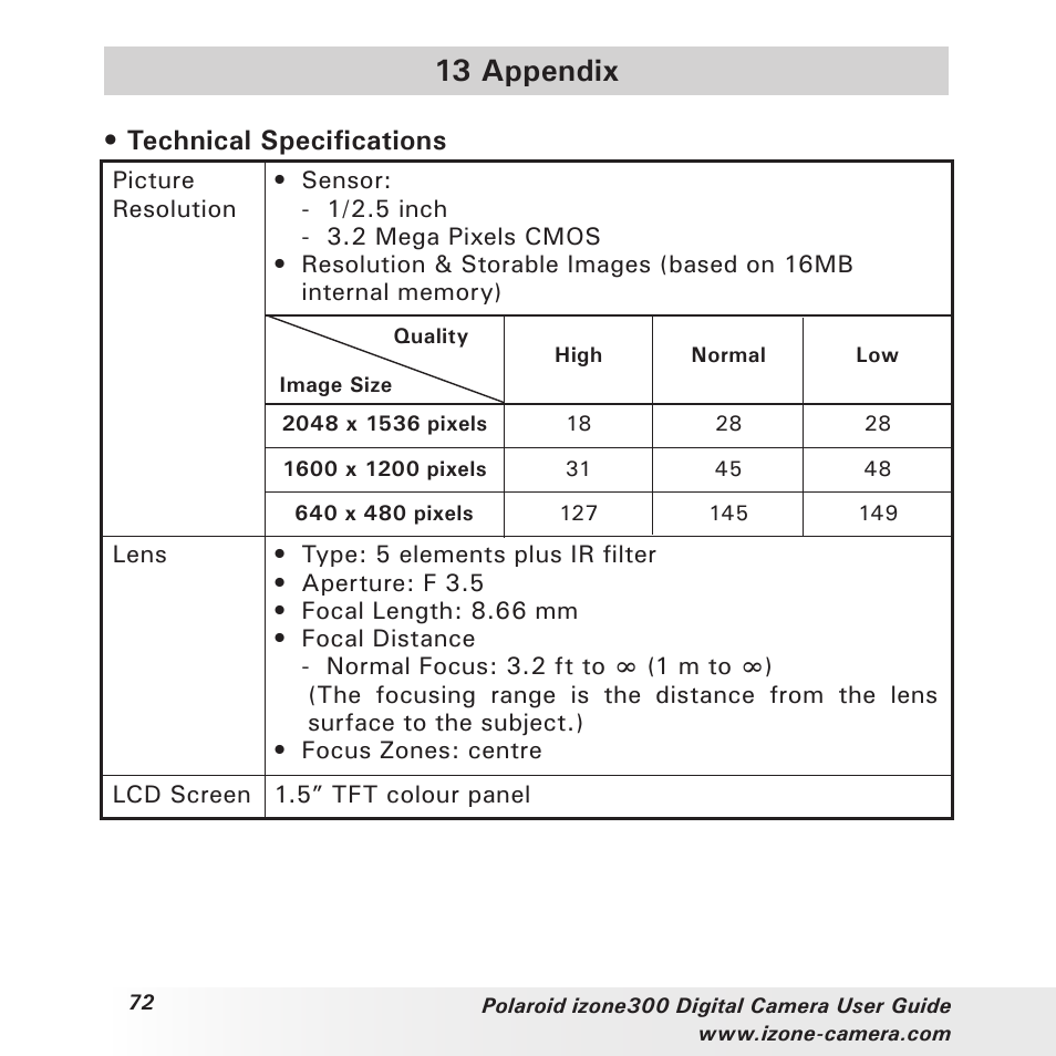 13 appendix, Technical specifications | Polaroid i-Zone 300 User Manual | Page 72 / 82