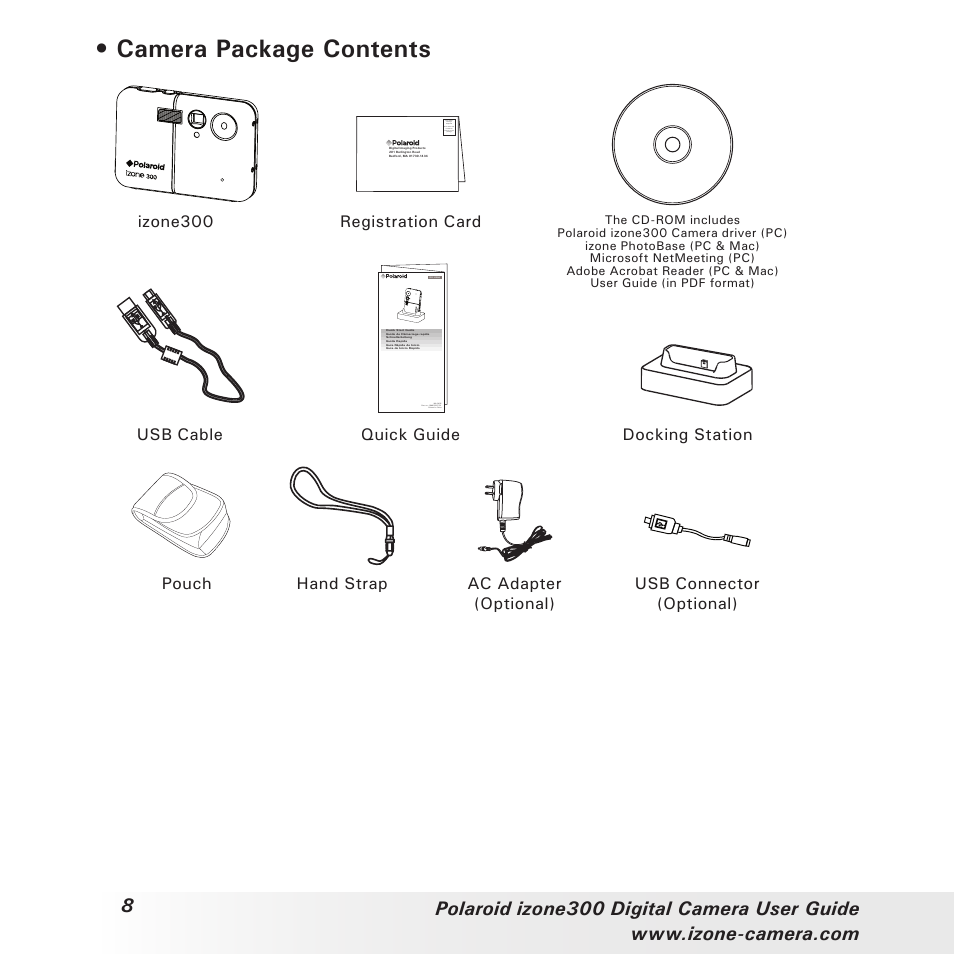 Camera package contents | Polaroid i-Zone 300 User Manual | Page 8 / 82