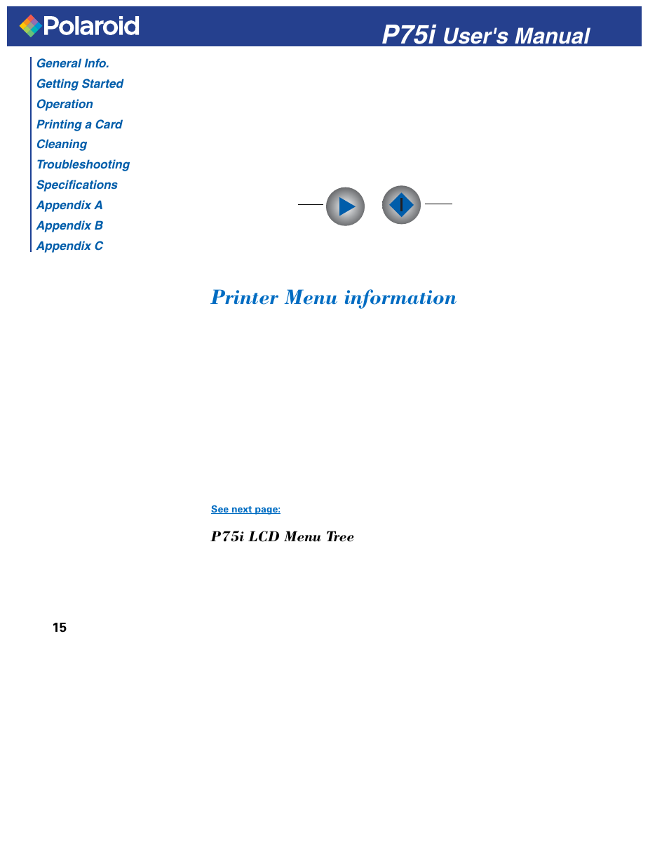 P75i, Printer menu information, User's manual | Polaroid P751 User Manual | Page 23 / 50