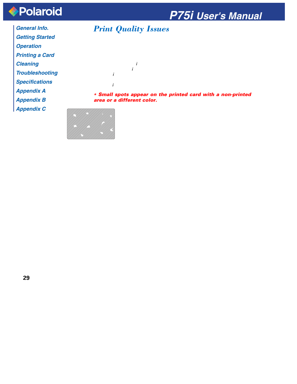 P75i, User's manual, Print quality issues | Polaroid P751 User Manual | Page 37 / 50