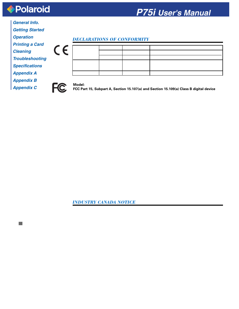 P75i, User's manual, Iii declarations of conformity | Industry canada notice | Polaroid P751 User Manual | Page 4 / 50