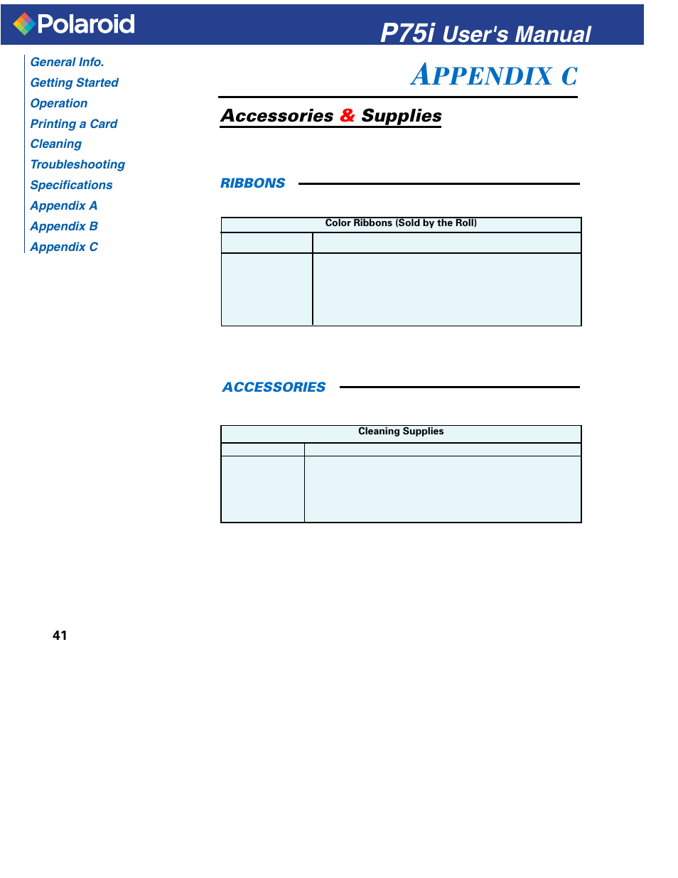 P75i, Ppendix c, User's manual | Accessories & supplies | Polaroid P751 User Manual | Page 49 / 50
