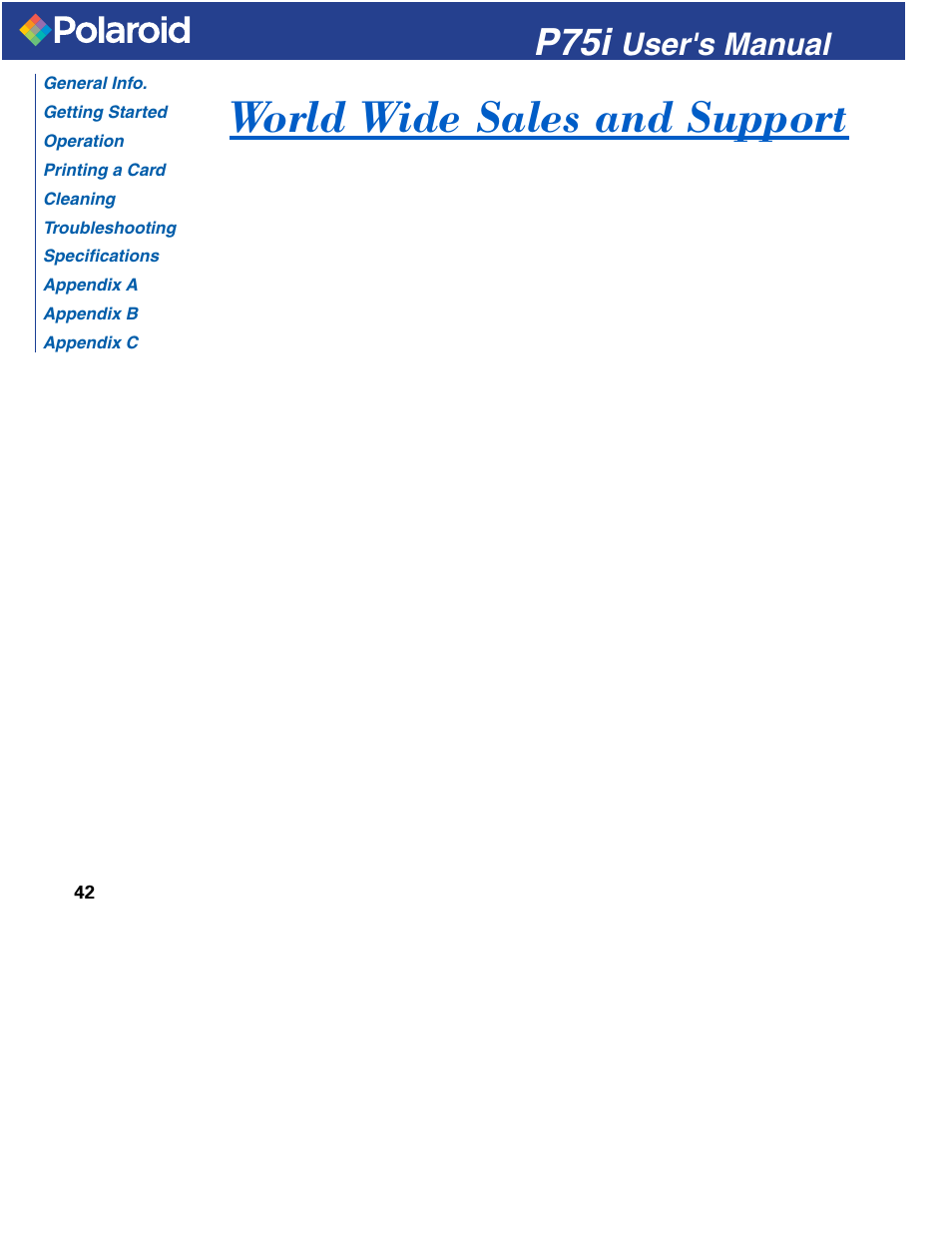 World wide sales and support, P75i, User's manual | Polaroid P751 User Manual | Page 50 / 50