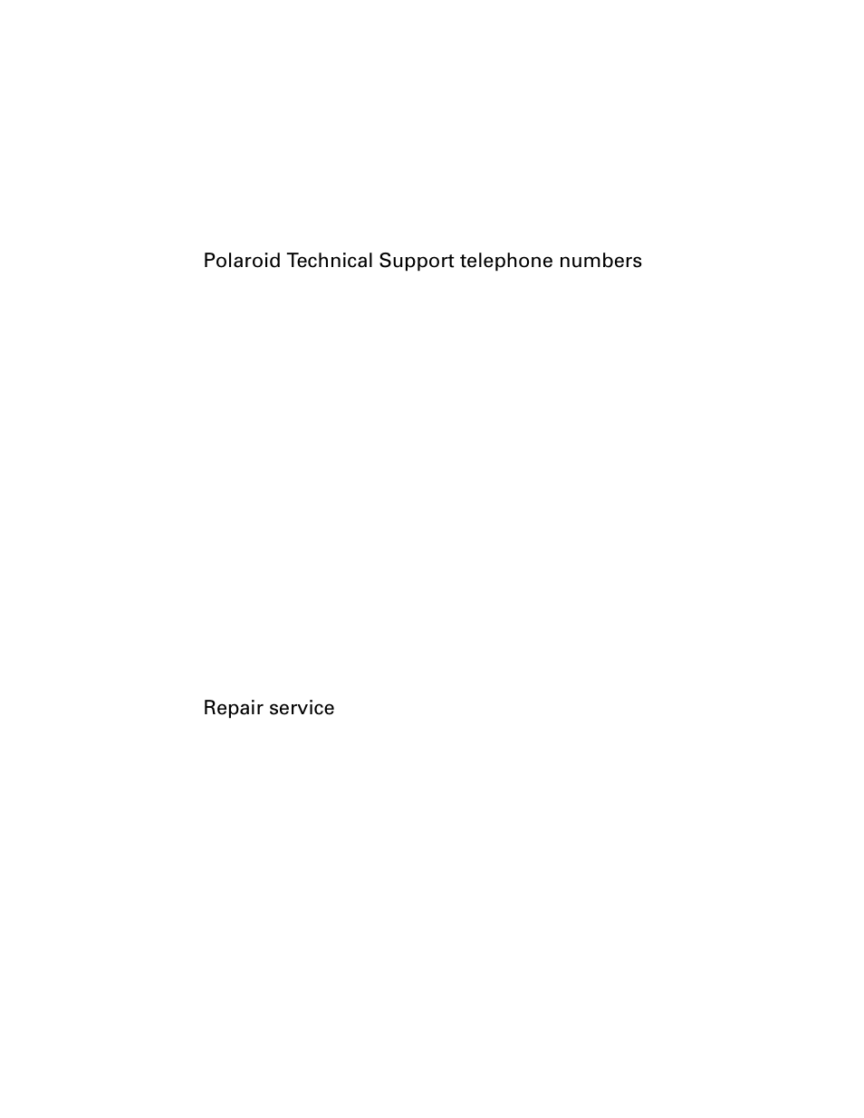 Polaroid technical support telephone numbers, Repair service | Polaroid Direct Connect Adapter User Manual | Page 26 / 34