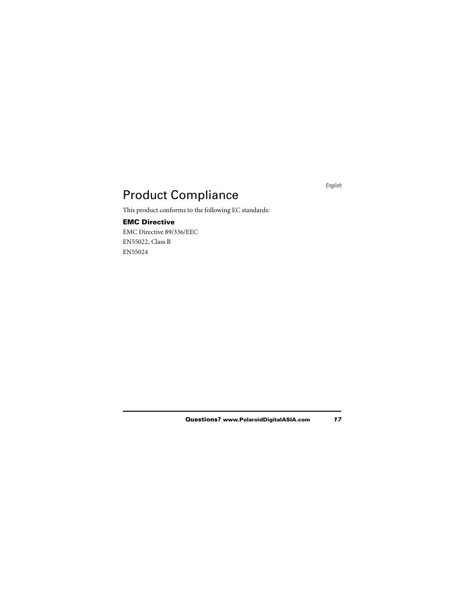 Product compliance | Polaroid 620 User Manual | Page 18 / 37