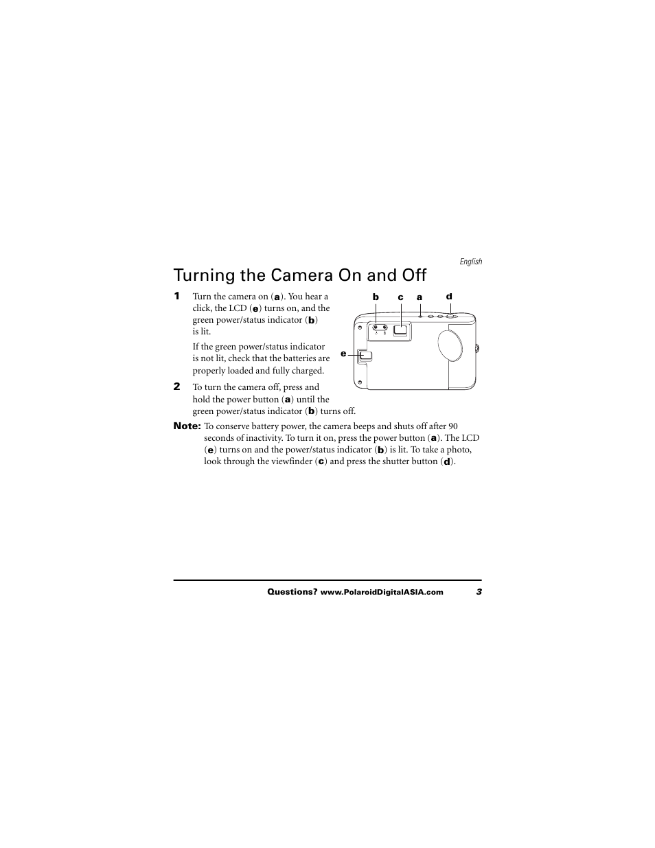 Turning the camera on and off | Polaroid 620 User Manual | Page 4 / 37