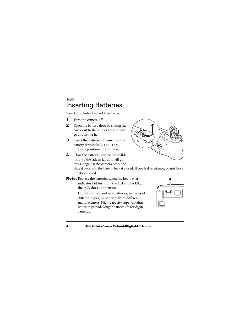 Inserting batteries | Polaroid 620 User Manual | Page 5 / 37