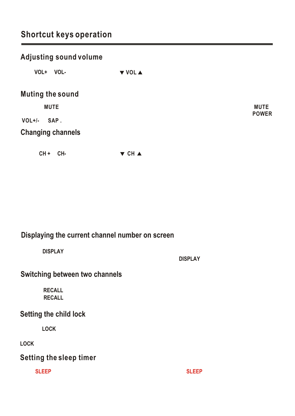 Т³гж 13, Shortcut keys operation, Adjusting sound volume muting the sound | Switching between two channels, Setting the child lock, Setting the sleep timer | Polaroid LCD-1700 User Manual | Page 13 / 24