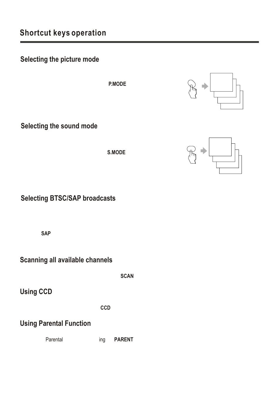 Т³гж 14, Shortcut keys operation, Selecting the picture mode | Selecting the sound mode, Selecting btsc/sap broadcasts, Scanning all available channels, Using ccd, Using parental function | Polaroid LCD-1700 User Manual | Page 14 / 24