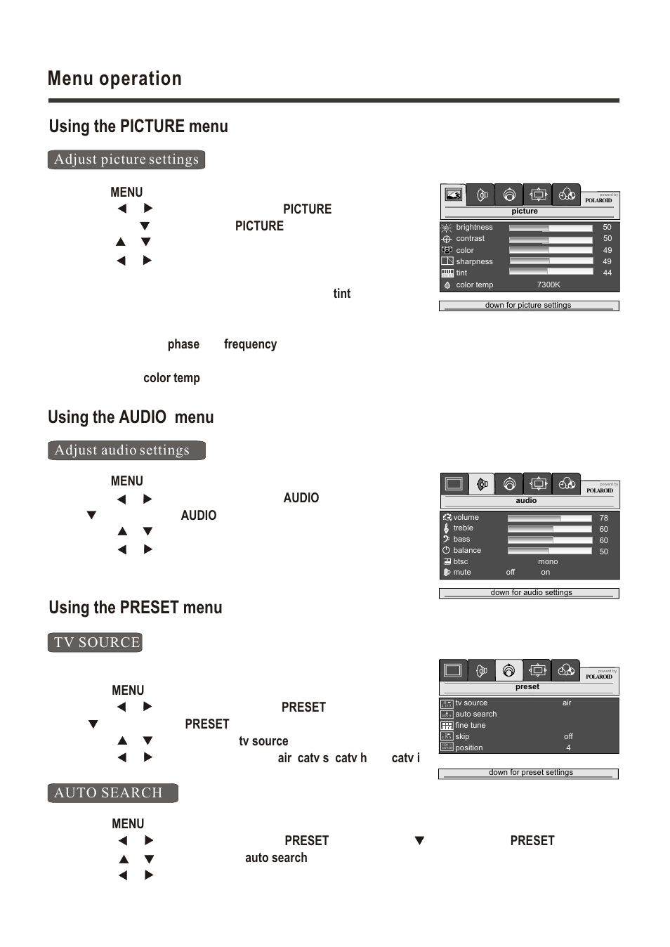 Т³гж 15, Menu operation, Using the picture menu | Using the preset menu, Using the audio menu, Auto search, Adjust picture settings, Tv source, Adjust audio settings | Polaroid LCD-1700 User Manual | Page 15 / 24