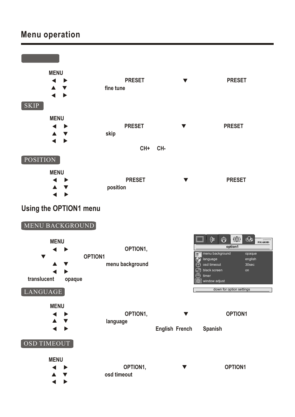 Т³гж 16, Menu operation, Using the option1 menu | Polaroid LCD-1700 User Manual | Page 16 / 24