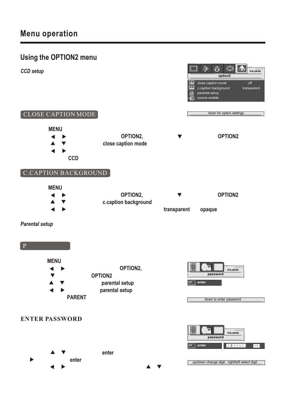 Т³гж 18, Menu operation, Using the option2 menu | Parental, Close caption mode, C.caption background, Enter password | Polaroid LCD-1700 User Manual | Page 18 / 24