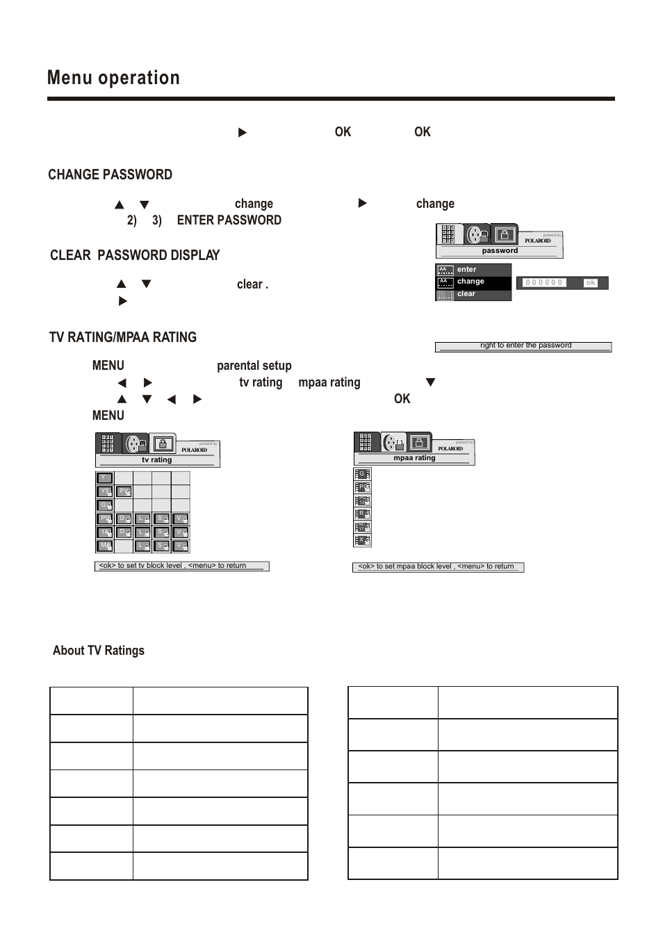 Т³гж 19, Menu operation, Change password | Tv rating/mpaa rating, Clear password display | Polaroid LCD-1700 User Manual | Page 19 / 24