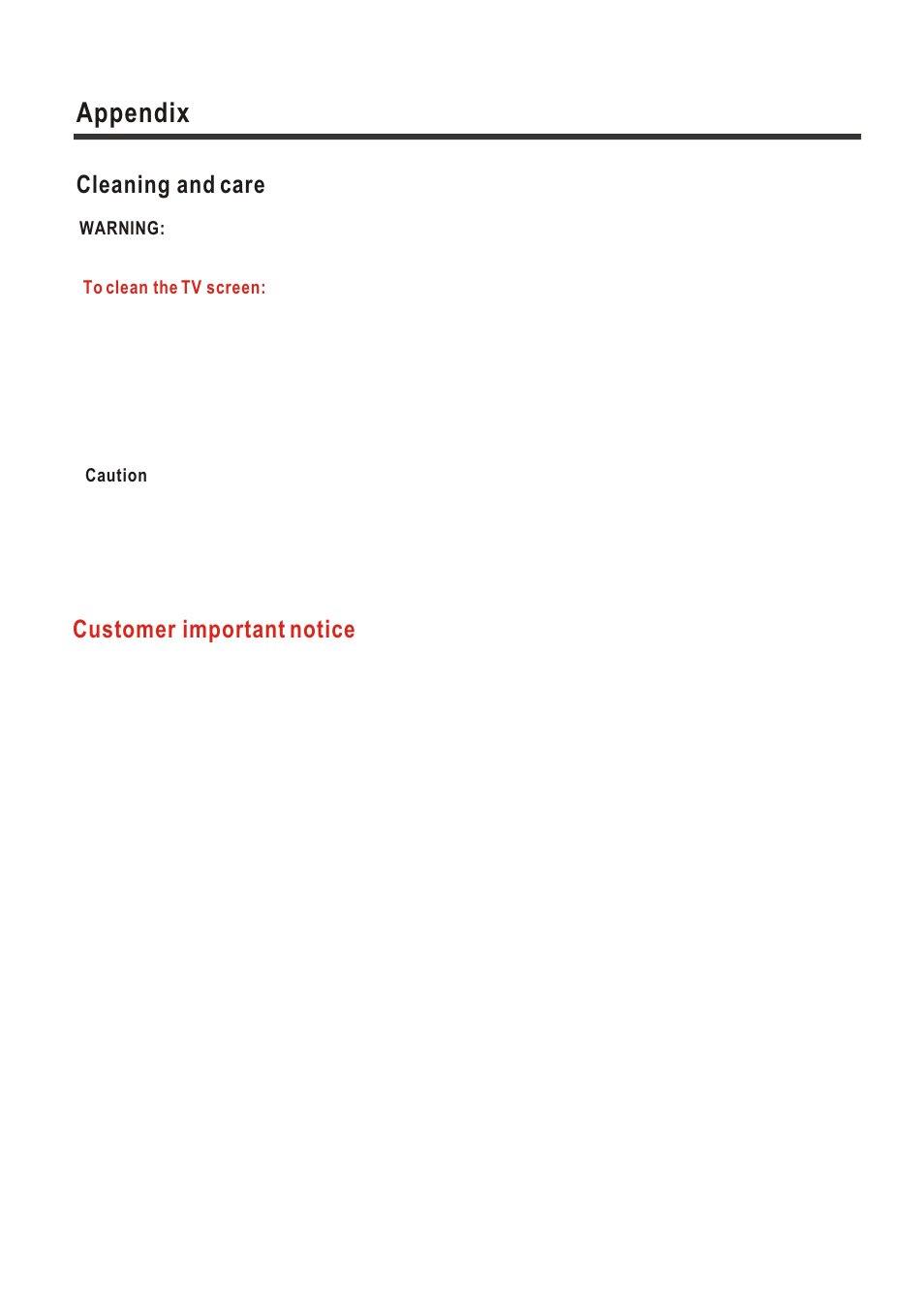 Т³гж 21, Appendix, Cleaning and care | Customer important notice | Polaroid LCD-1700 User Manual | Page 21 / 24