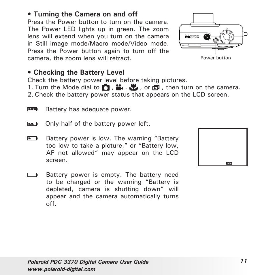 Turning the camera on and off, Checking the battery level | Polaroid PDC 3370 User Manual | Page 11 / 69