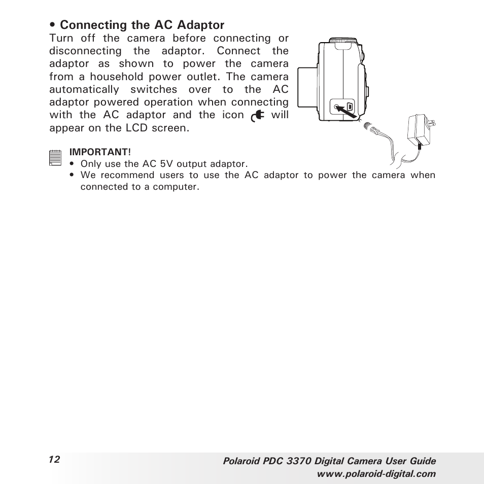 Connecting the ac adaptor | Polaroid PDC 3370 User Manual | Page 12 / 69