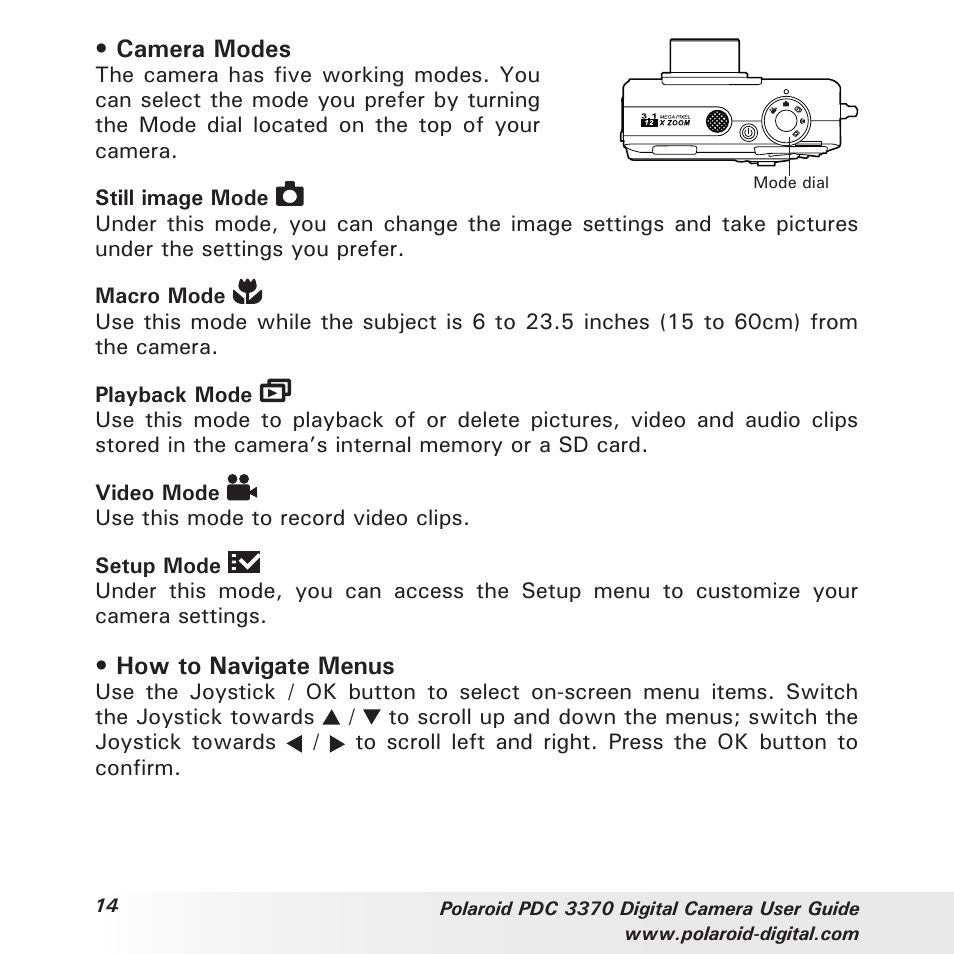 Camera modes, How to navigate menus | Polaroid PDC 3370 User Manual | Page 14 / 69