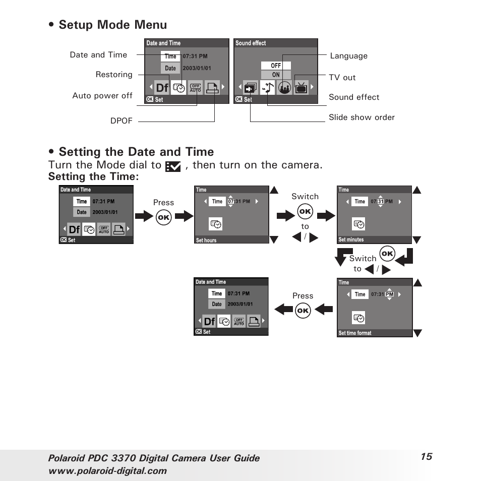 Setup mode menu, Setting the date and time | Polaroid PDC 3370 User Manual | Page 15 / 69