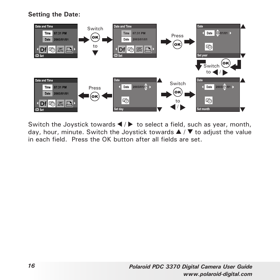 Setting the date | Polaroid PDC 3370 User Manual | Page 16 / 69