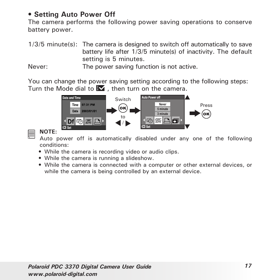 Setting auto power off | Polaroid PDC 3370 User Manual | Page 17 / 69