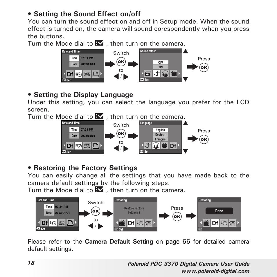 Setting the sound effect on/off, Setting the display language, Restoring the factory settings | Polaroid PDC 3370 User Manual | Page 18 / 69