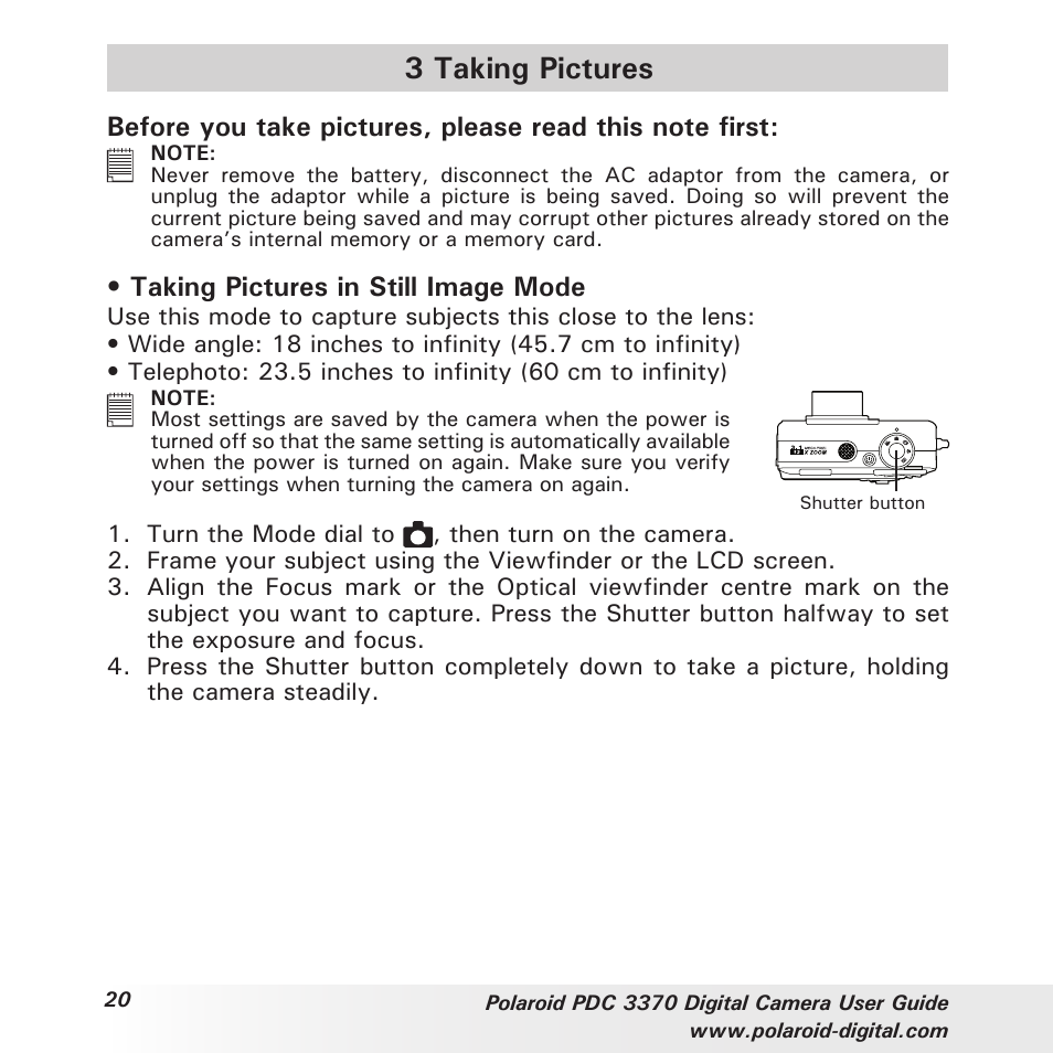 3 taking pictures, Taking pictures in still image mode | Polaroid PDC 3370 User Manual | Page 20 / 69