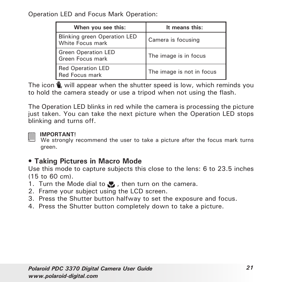 Taking pictures in macro mode | Polaroid PDC 3370 User Manual | Page 21 / 69