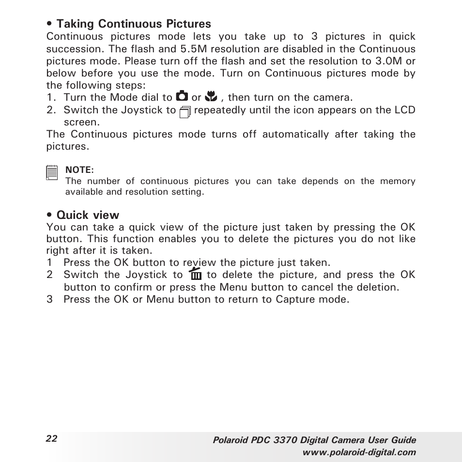 Taking continuous pictures, Quick view | Polaroid PDC 3370 User Manual | Page 22 / 69