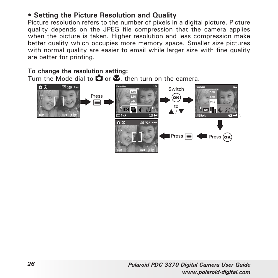 Setting the picture resolution and quality | Polaroid PDC 3370 User Manual | Page 26 / 69