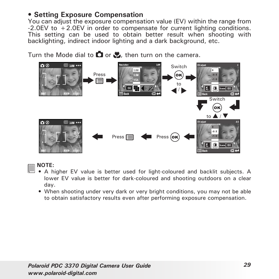 Setting exposure compensation | Polaroid PDC 3370 User Manual | Page 29 / 69