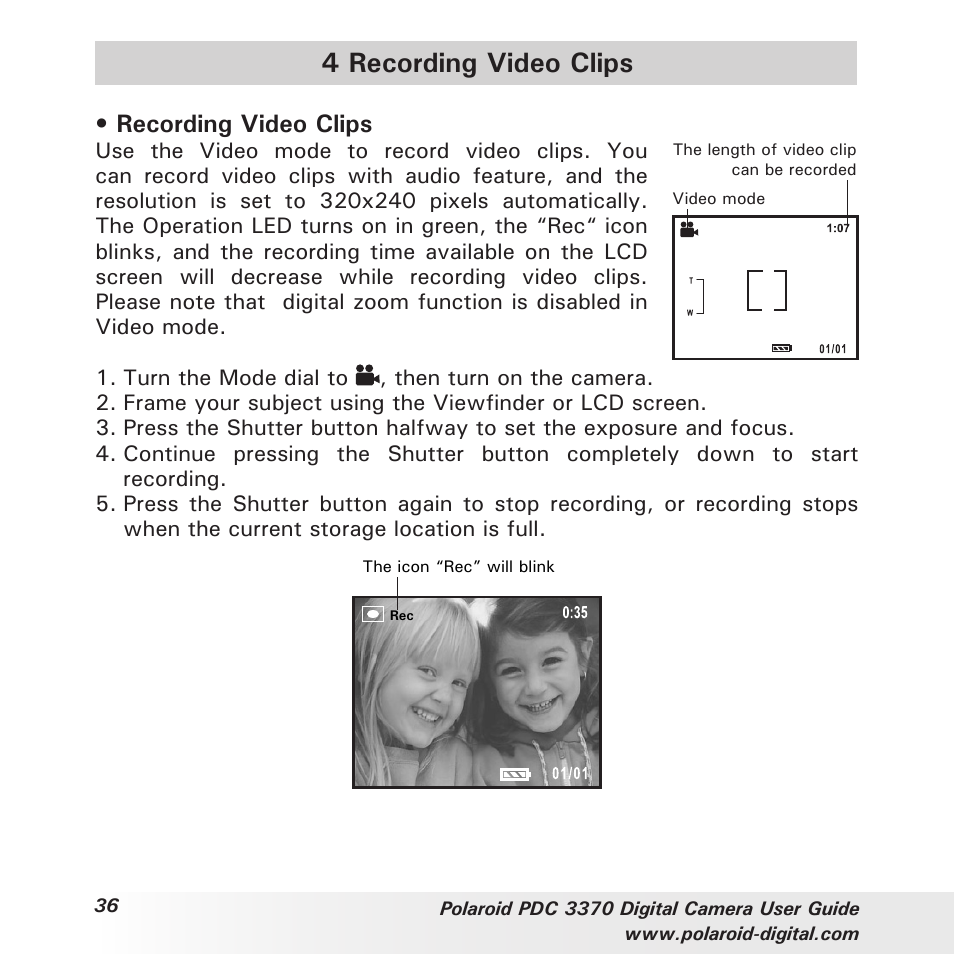 4 recording video clips, Recording video clips | Polaroid PDC 3370 User Manual | Page 36 / 69