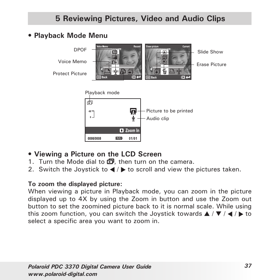 5 reviewing pictures, video and audio clips, Playback mode menu, Viewing a picture on the lcd screen | Polaroid PDC 3370 User Manual | Page 37 / 69