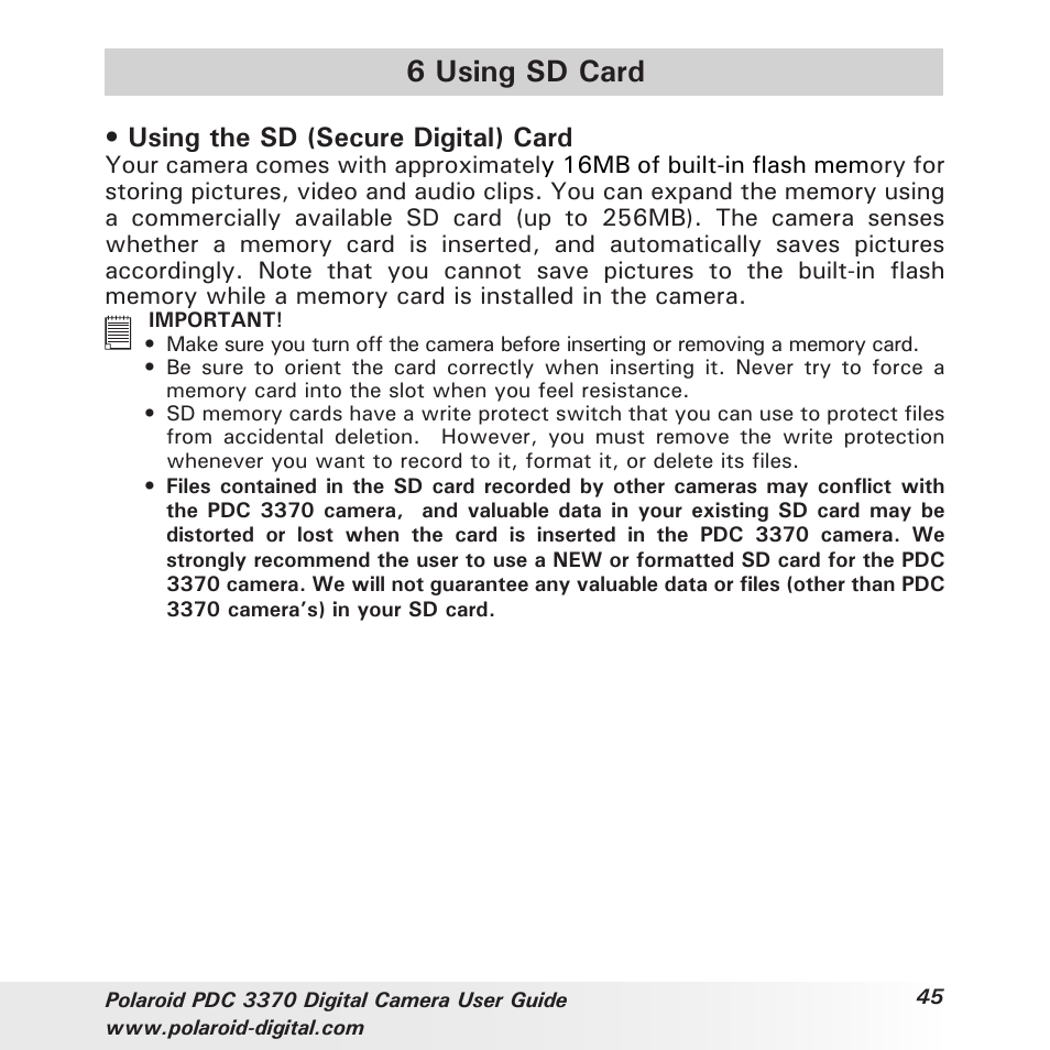 6 using sd card, Using the sd (secure digital) card | Polaroid PDC 3370 User Manual | Page 45 / 69