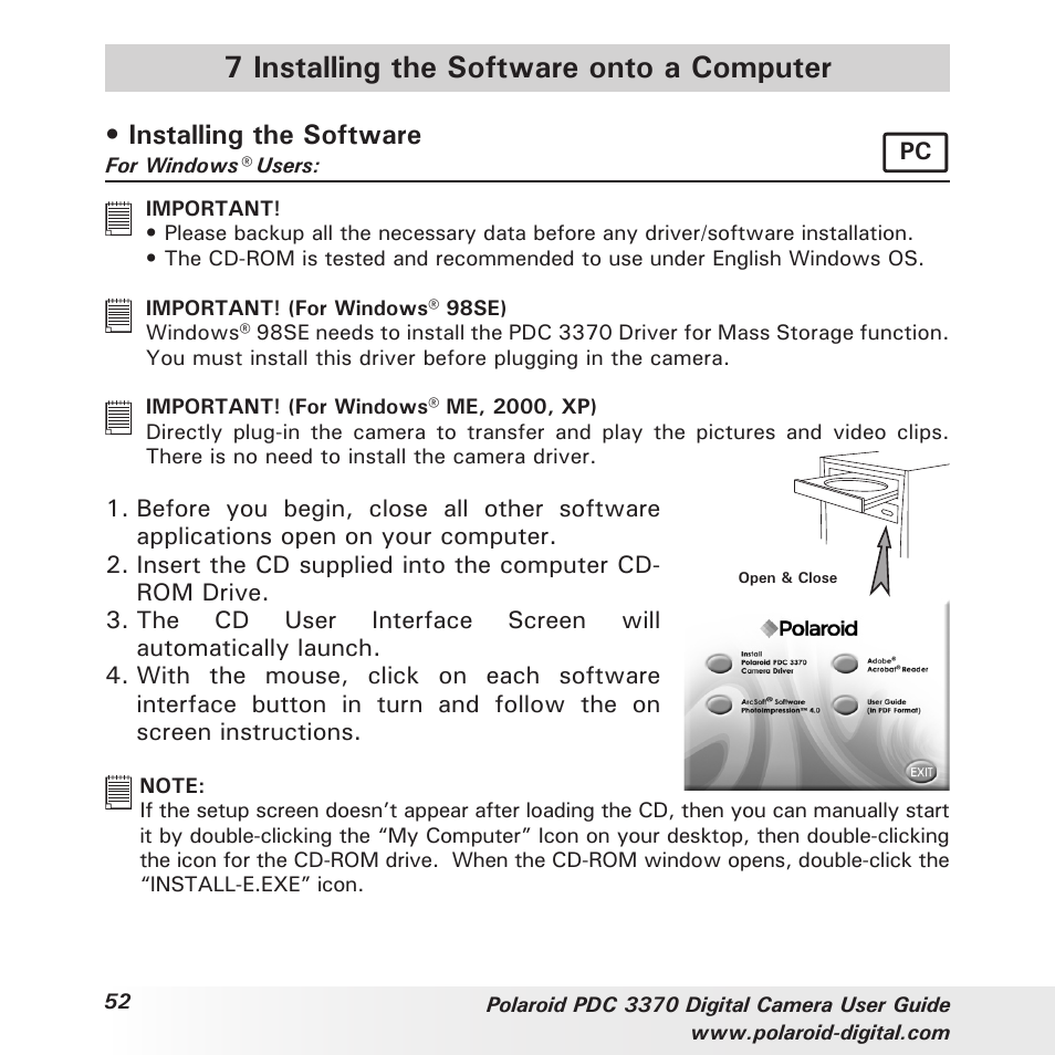 7 installing the software onto a computer, Installing the software | Polaroid PDC 3370 User Manual | Page 52 / 69