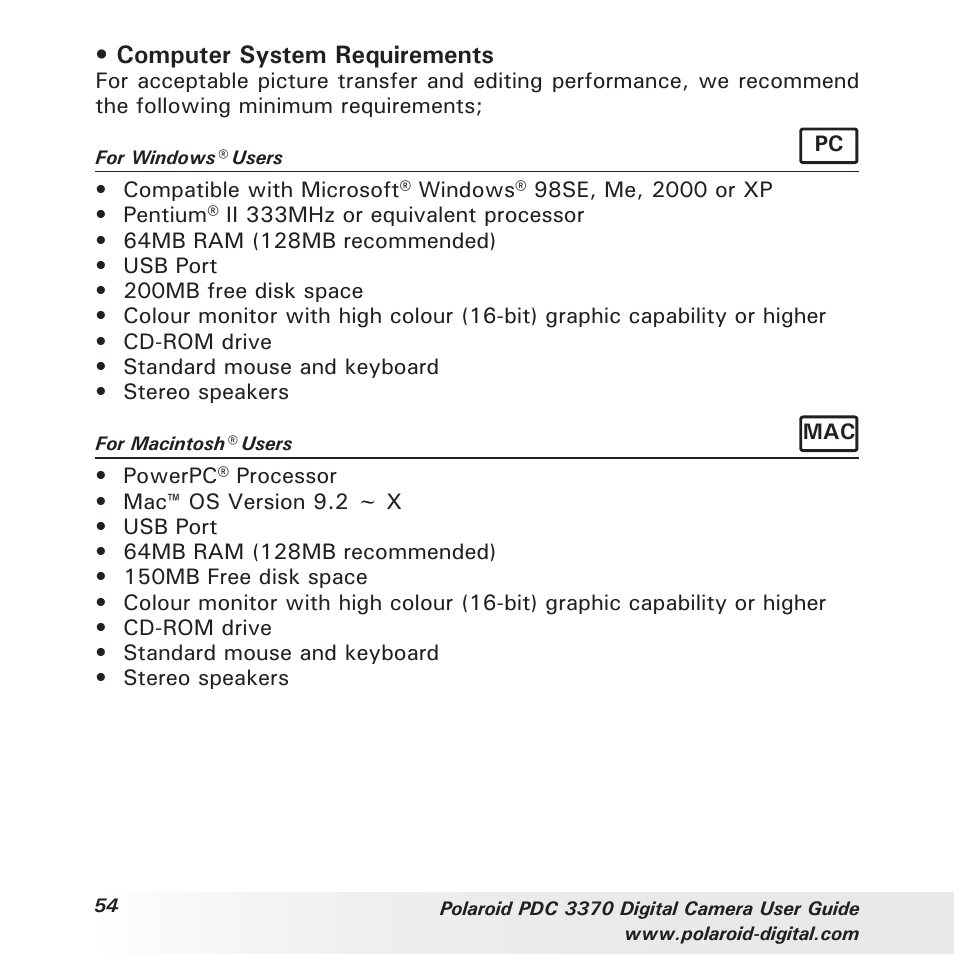 Computer system requirements | Polaroid PDC 3370 User Manual | Page 54 / 69