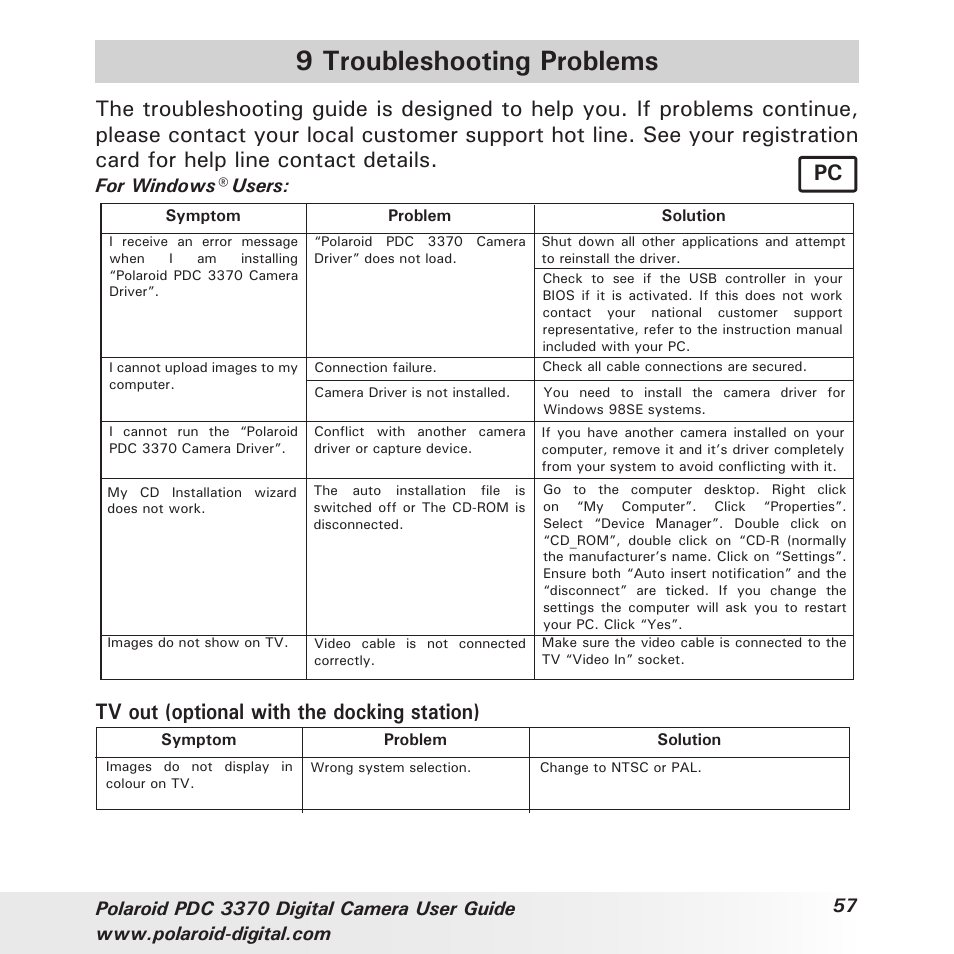 9 troubleshooting problems, Tv out (optional with the docking station), For windows® users | Polaroid PDC 3370 User Manual | Page 57 / 69