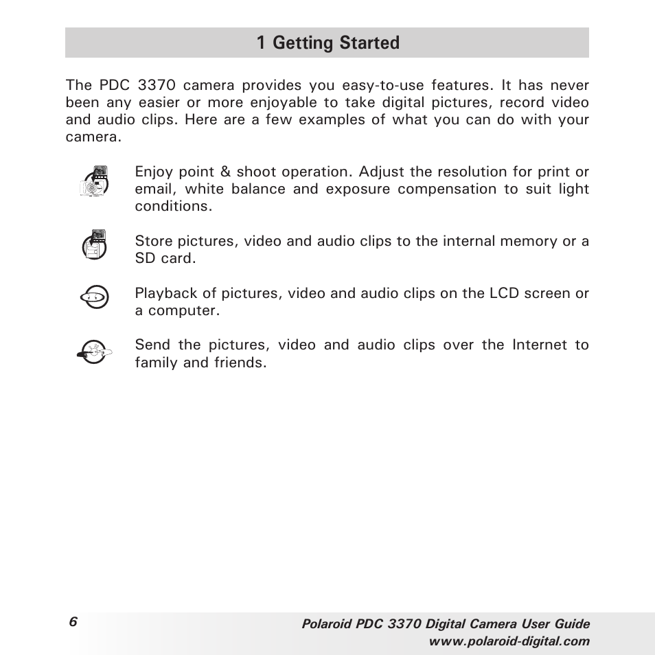 1 getting started | Polaroid PDC 3370 User Manual | Page 6 / 69